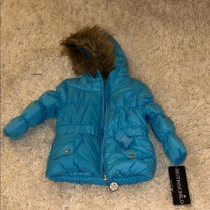 Rothschild Turquoise Puffer Coat with Faux Fur Trim